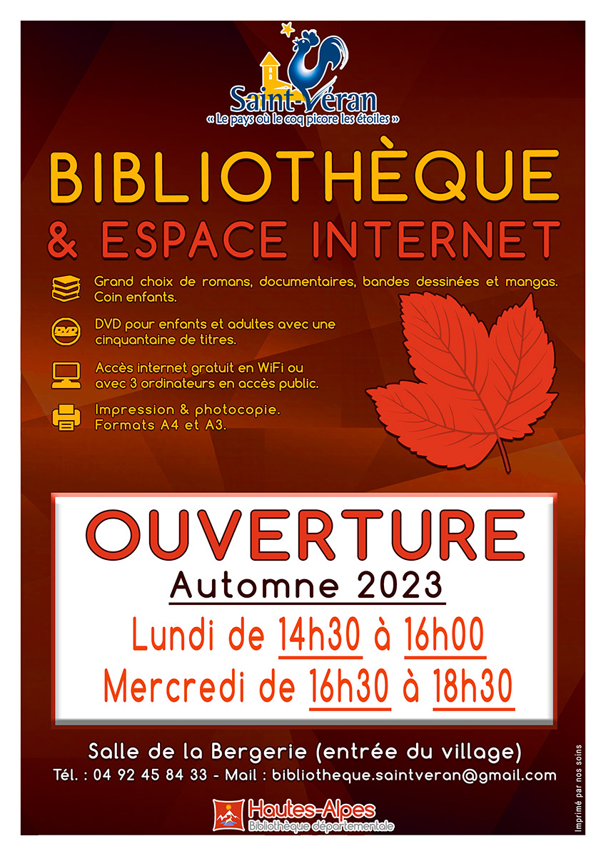 Affiche horaires bibliotheque automne 2023